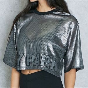 NWT Ivy Park Metallic Grey Boxy Cropped Mesh Top